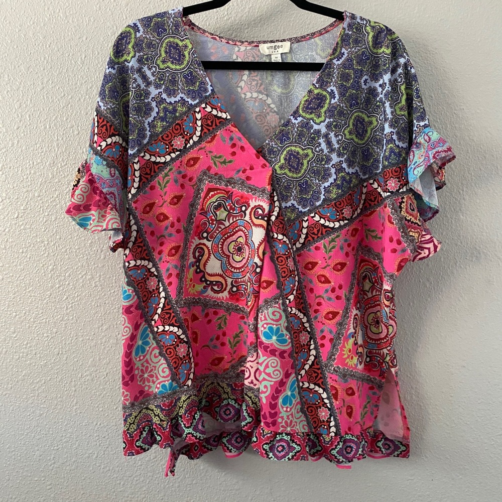 Umgee Patchwork Top Medium Oversized Bohemian Boho Chic‎ Artsy Colorful Hippie